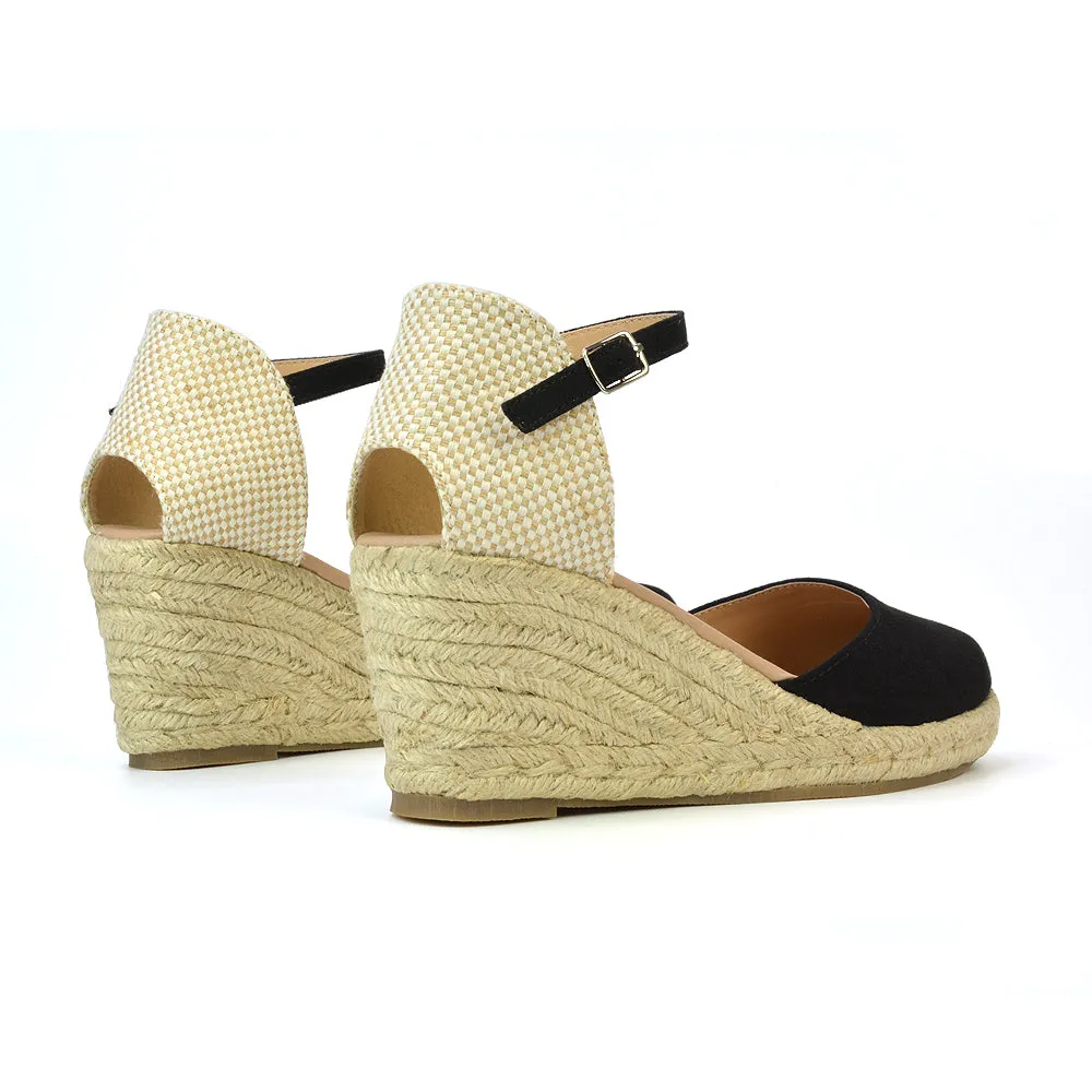 Rocky Closed Toe Strappy Espadrille Sandal Wedge Mid Heels in Nude