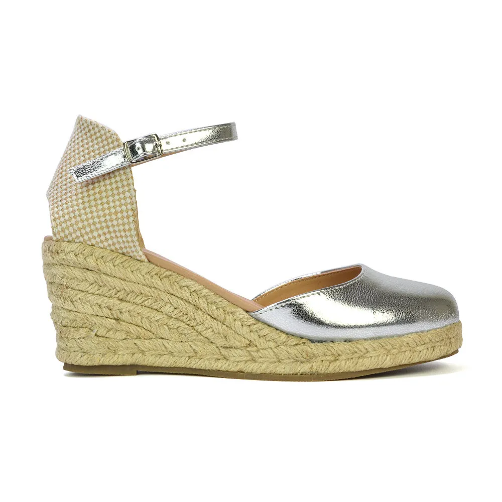Rocky Closed Toe Strappy Espadrille Sandal Wedge Mid Heels in White