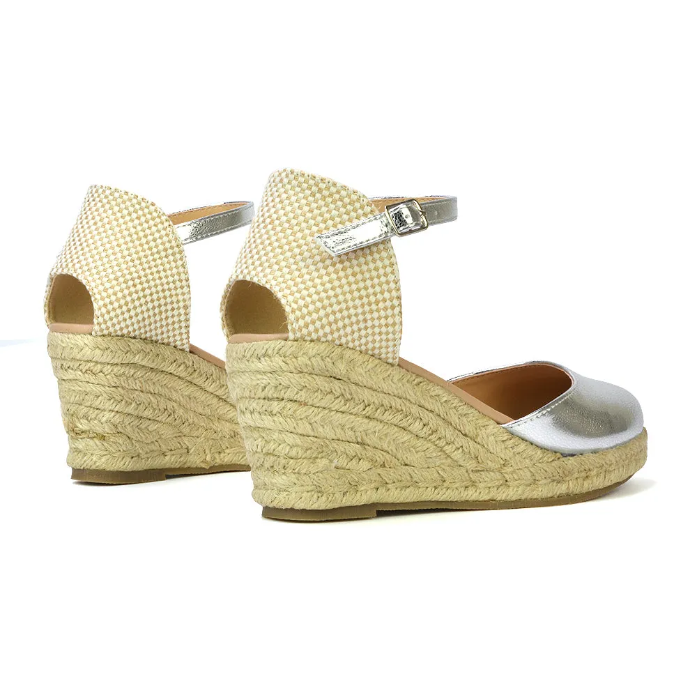 Rocky Closed Toe Strappy Espadrille Sandal Wedge Mid Heels in White