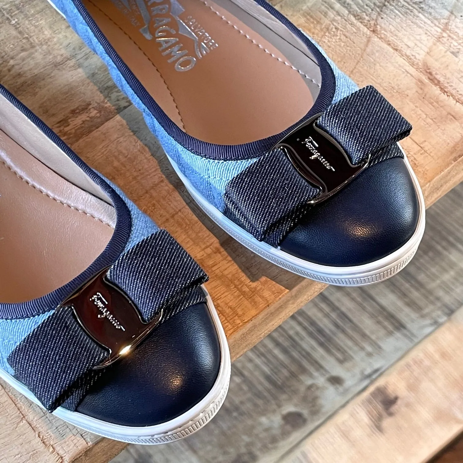 Salvatore Ferragamo Blue Denim Bow Ballet Sneakers