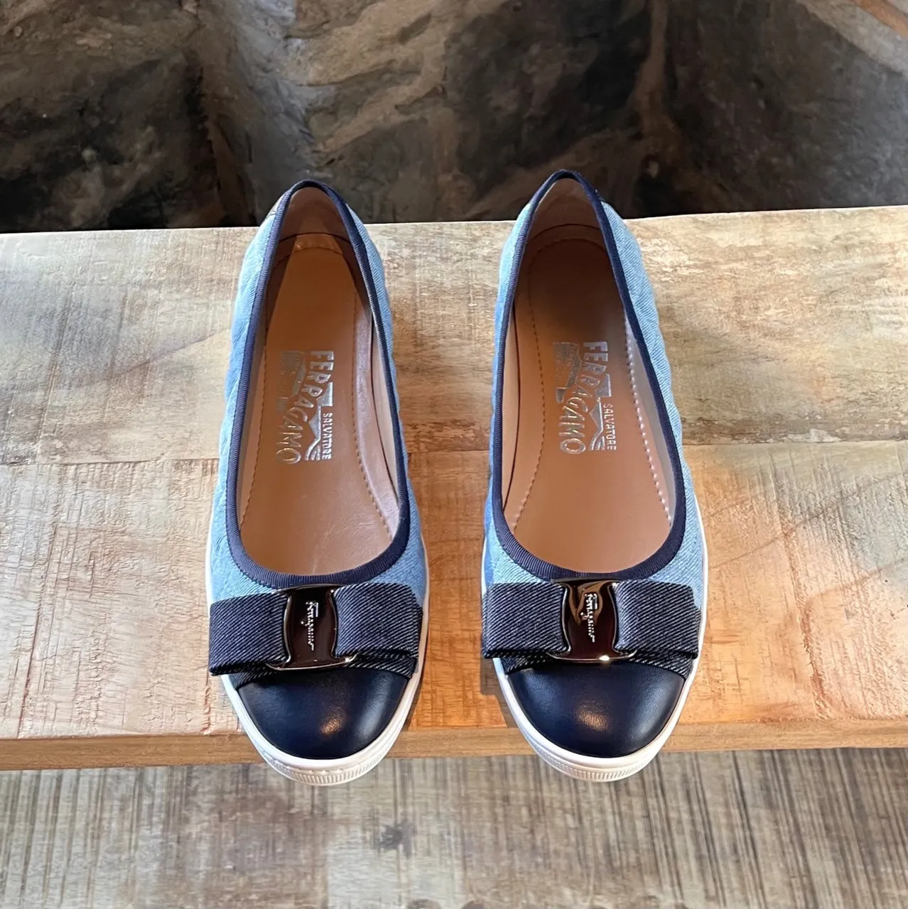 Salvatore Ferragamo Blue Denim Bow Ballet Sneakers