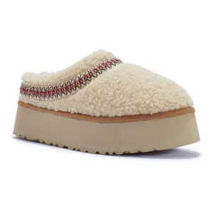 SONYA ULTRA PLATFORM BEIGE TEDDY EMBROIDERED ANKLE SLIPPER BOOTS