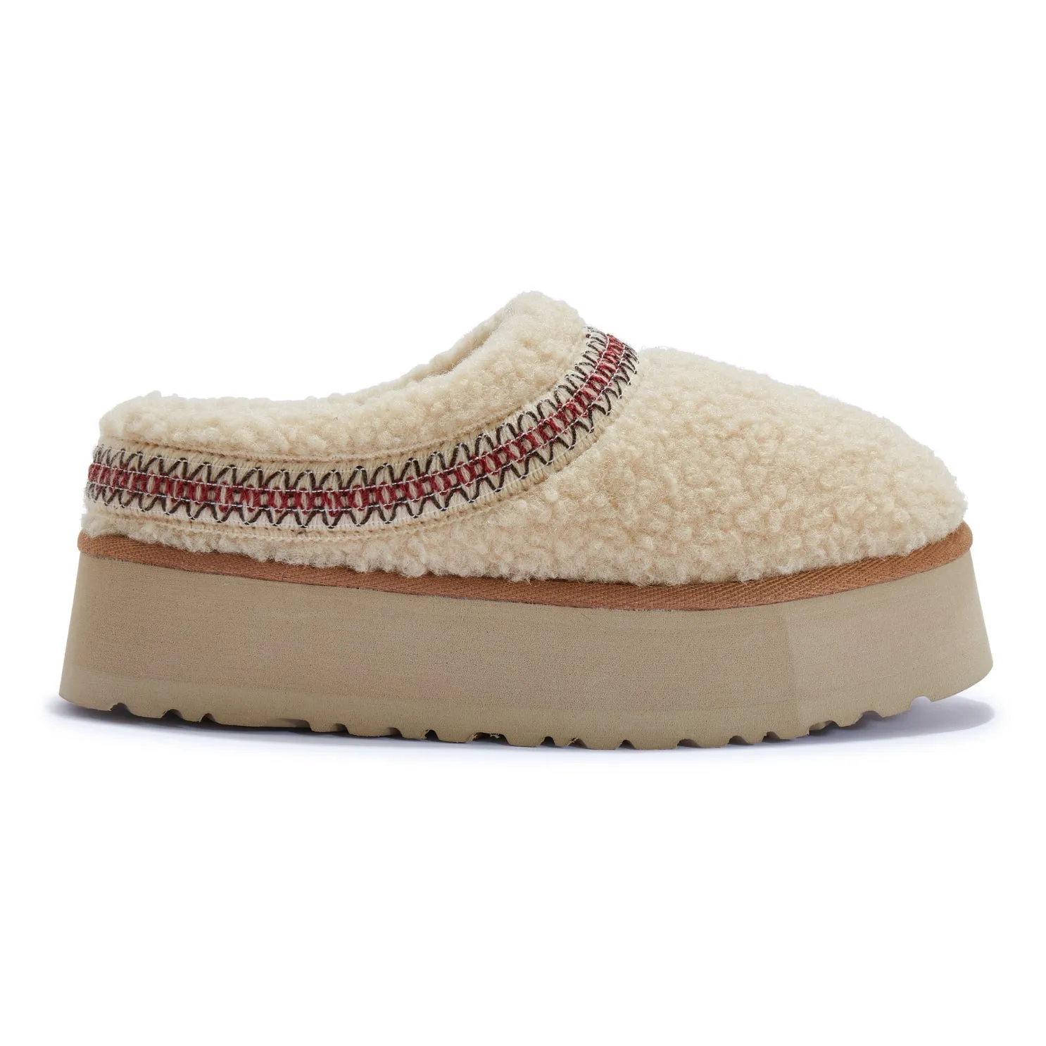 SONYA ULTRA PLATFORM BEIGE TEDDY EMBROIDERED ANKLE SLIPPER BOOTS
