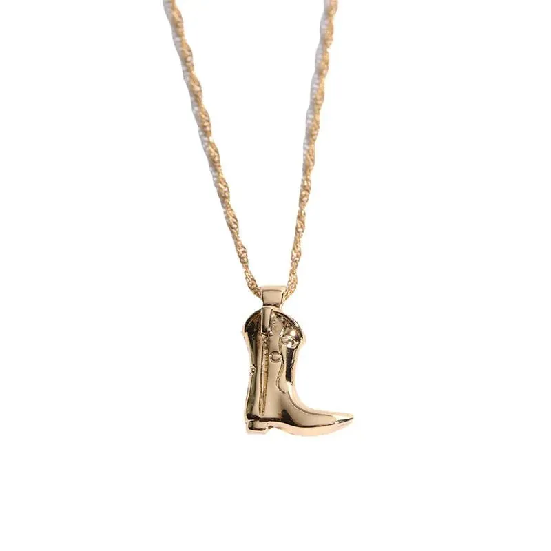 Stainless Steel Cowboy Boots Pendant Necklace – Vintage Gold-Plated Punk Jewelry for Women, Delicate Clavicle Chain for Lucky Charm