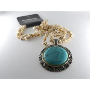 White and amber double bead necklace with turquoise and silver pendent