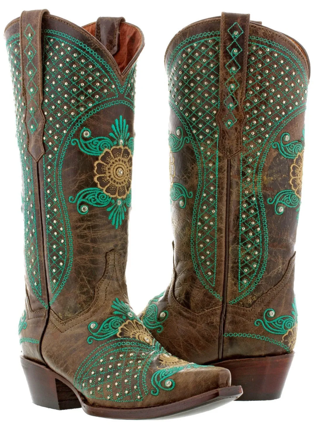 Womens Marfil Brown Turquoise Wedding Cowboy Boots Studded - Snip Toe