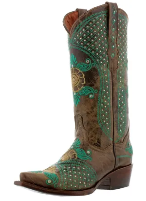 Womens Marfil Brown Turquoise Wedding Cowboy Boots Studded - Snip Toe