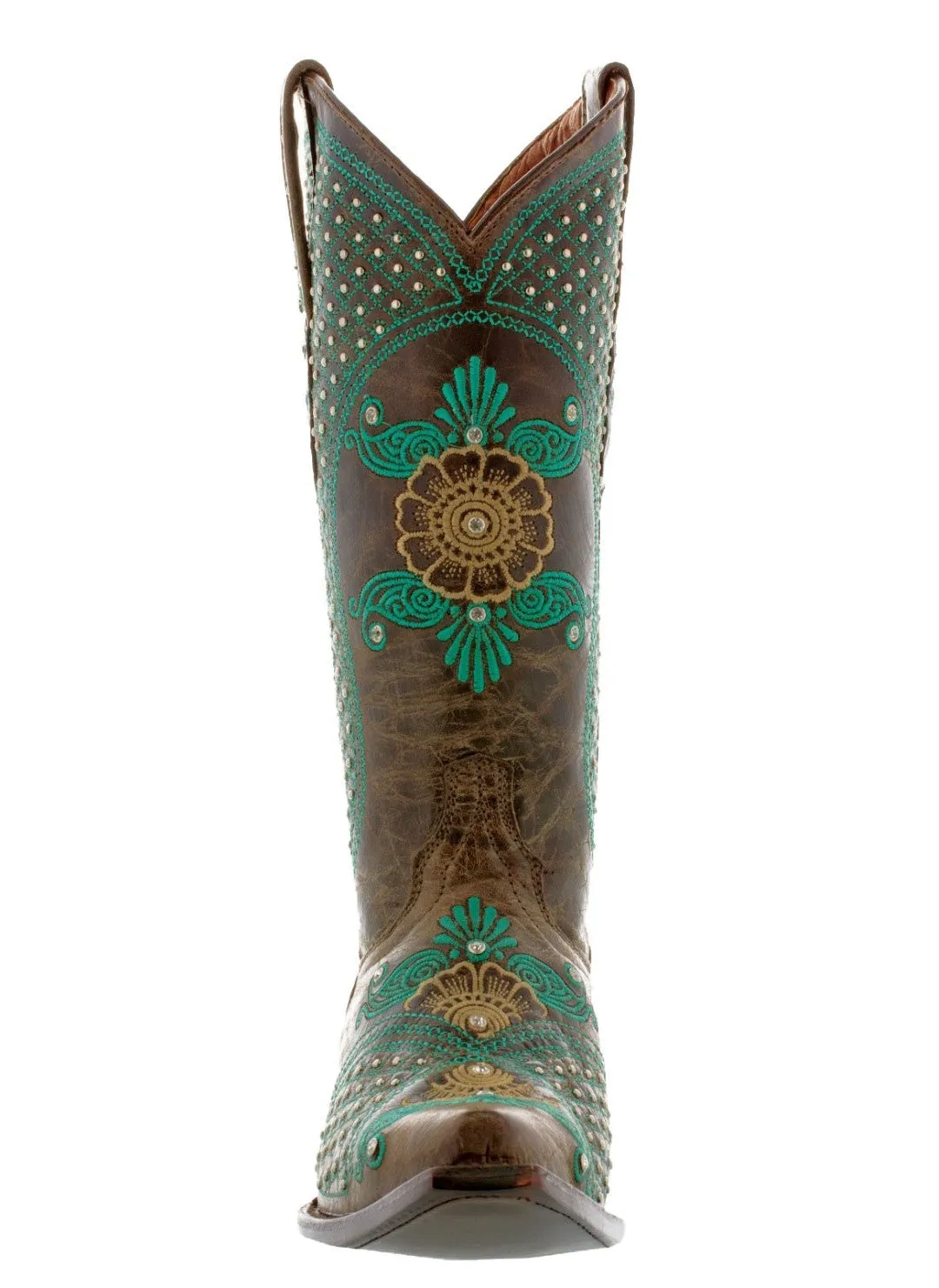 Womens Marfil Brown Turquoise Wedding Cowboy Boots Studded - Snip Toe