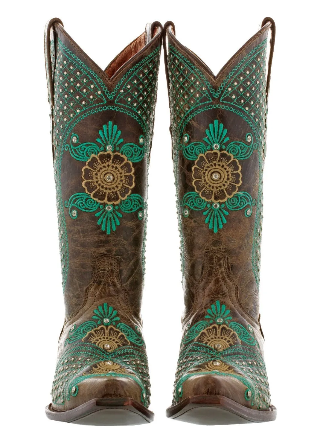 Womens Marfil Brown Turquoise Wedding Cowboy Boots Studded - Snip Toe