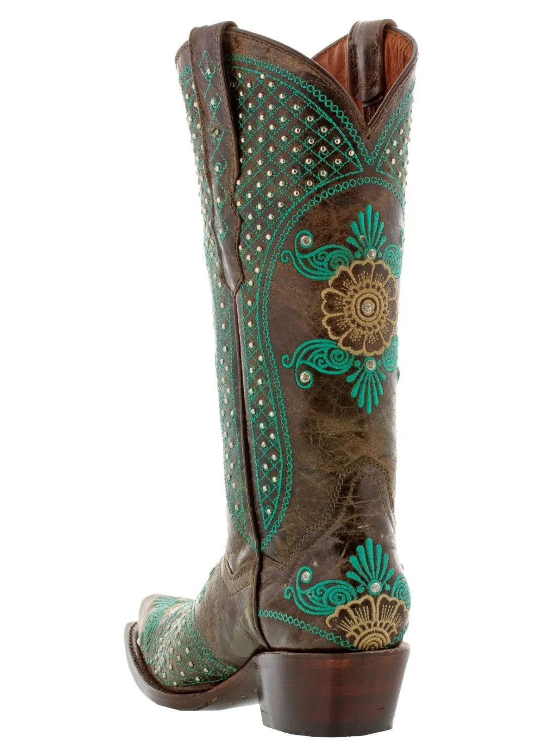 Womens Marfil Brown Turquoise Wedding Cowboy Boots Studded - Snip Toe
