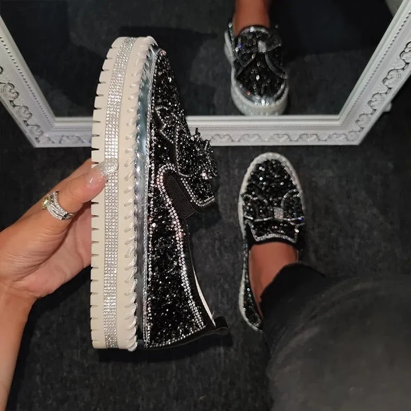 xiangtuibao Luxury Women Flats Rhinestone Bling Sewing Platform Loafers Slip on Sewing Shallow Fashion Casual Shoes Ladies Footwear