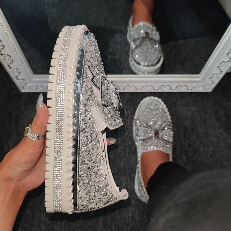 xiangtuibao Luxury Women Flats Rhinestone Bling Sewing Platform Loafers Slip on Sewing Shallow Fashion Casual Shoes Ladies Footwear