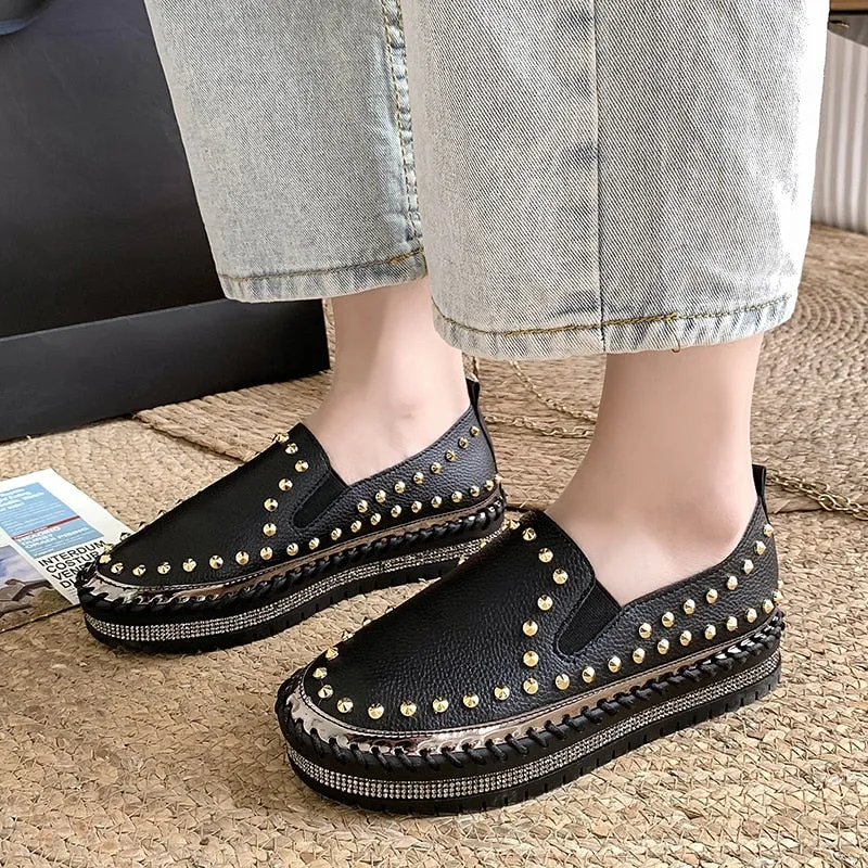 xiangtuibao Luxury Women Flats Rhinestone Bling Sewing Platform Loafers Slip on Sewing Shallow Fashion Casual Shoes Ladies Footwear