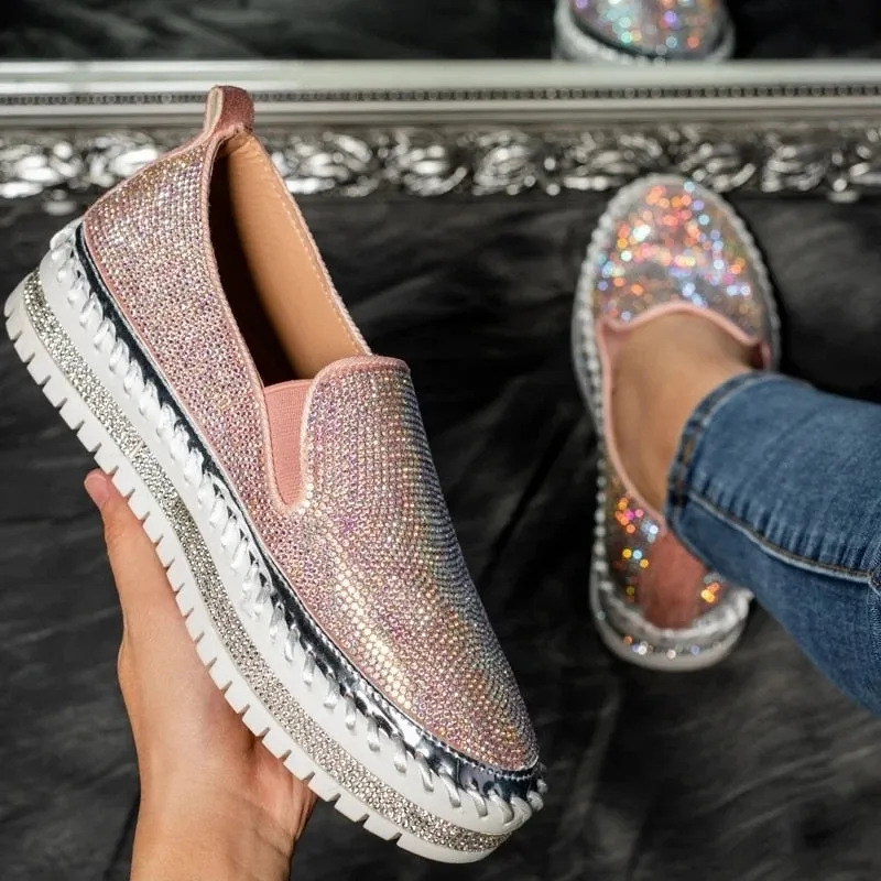 xiangtuibao Luxury Women Flats Rhinestone Bling Sewing Platform Loafers Slip on Sewing Shallow Fashion Casual Shoes Ladies Footwear