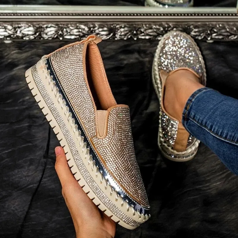 xiangtuibao Luxury Women Flats Rhinestone Bling Sewing Platform Loafers Slip on Sewing Shallow Fashion Casual Shoes Ladies Footwear