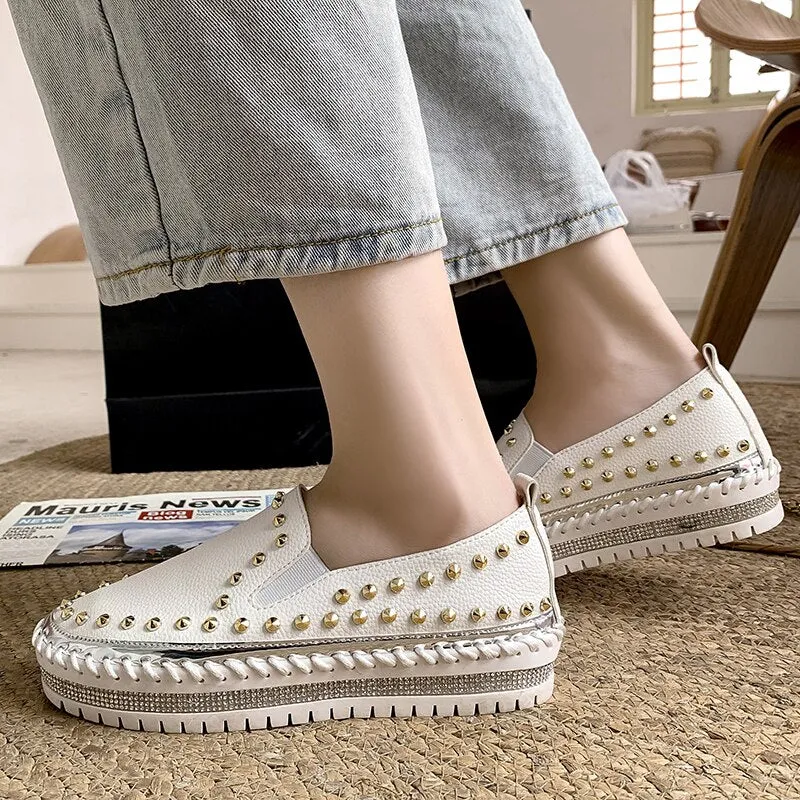 xiangtuibao Luxury Women Flats Rhinestone Bling Sewing Platform Loafers Slip on Sewing Shallow Fashion Casual Shoes Ladies Footwear