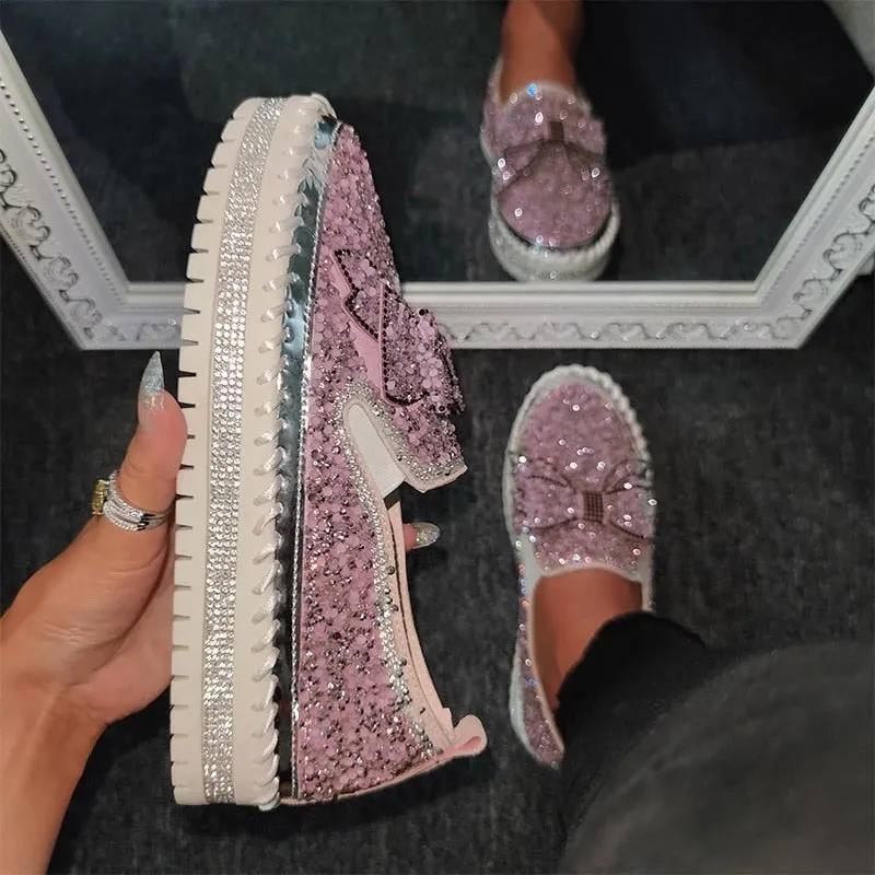xiangtuibao Luxury Women Flats Rhinestone Bling Sewing Platform Loafers Slip on Sewing Shallow Fashion Casual Shoes Ladies Footwear